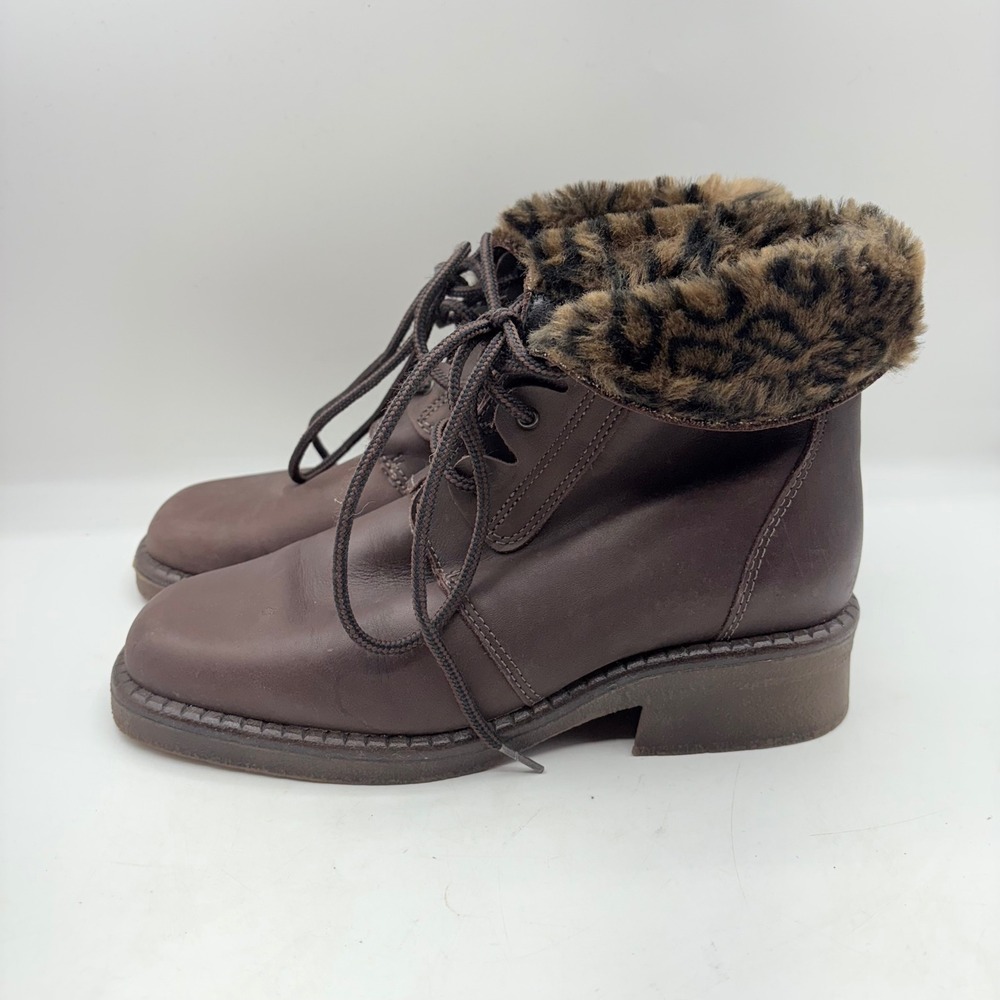 La Canadienne Brown Leather Fur Lined Lace Up Ankle Boots Women Size 8.5